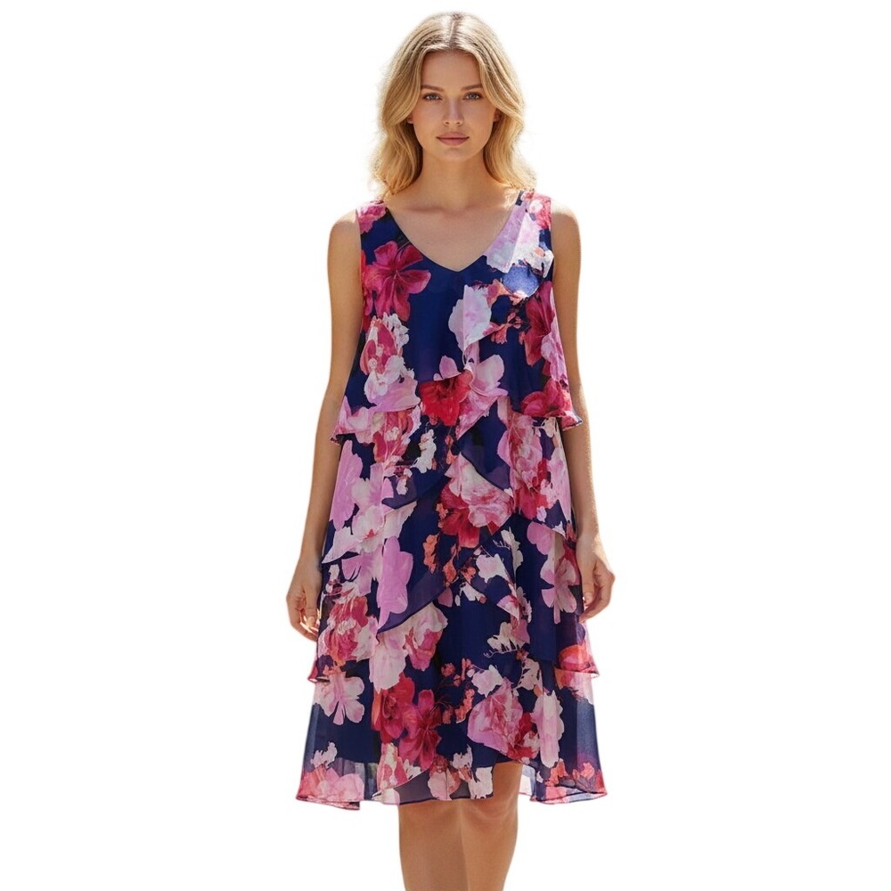 SLNY Floral Tiered Ruffle Dress Womens 20W Navy Pink NEW Chiffon V-Neck